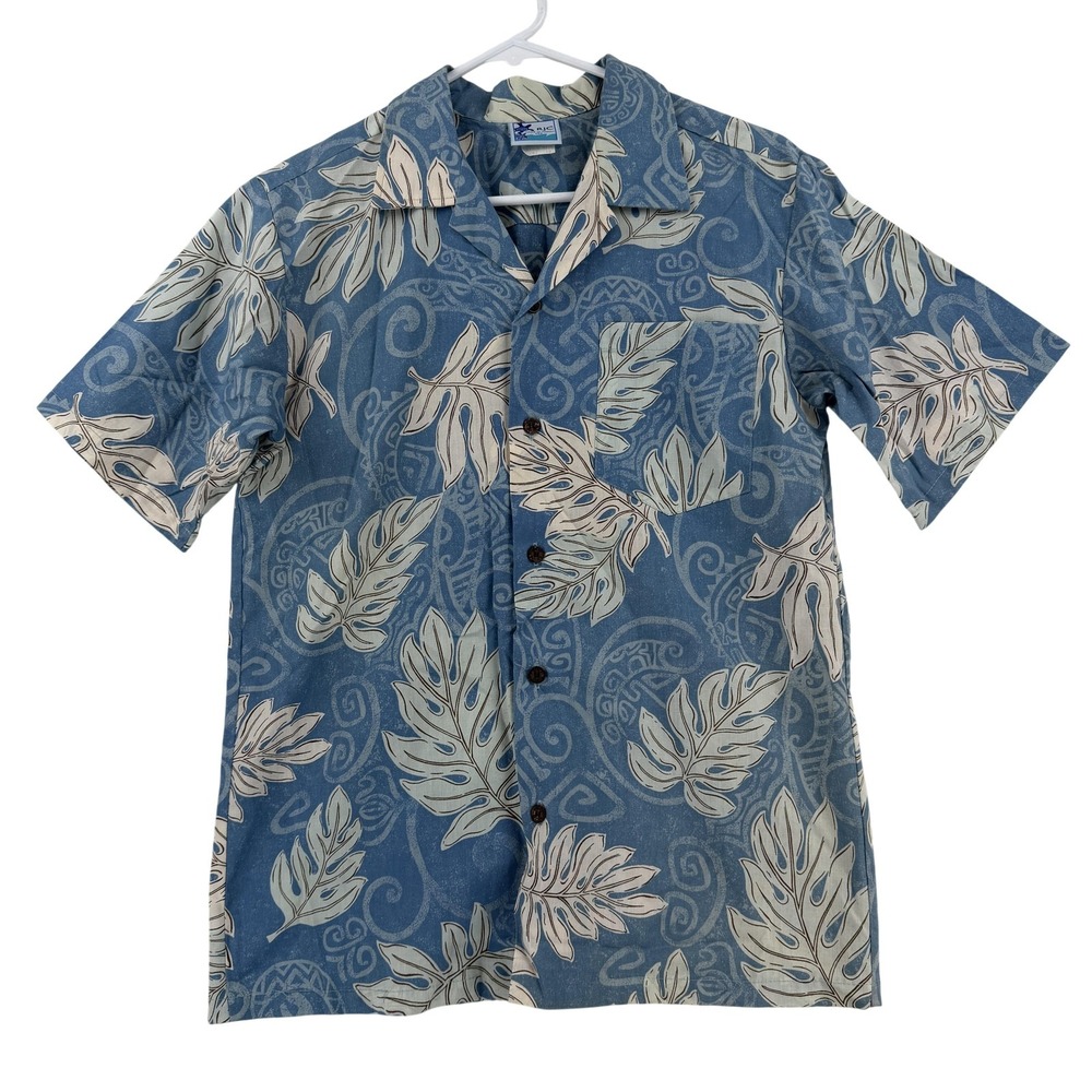 RJC Shirt Boys 18 Blue‎ Hawaiian Tropical Leaf Short Sleeve Button Up Camp Youth